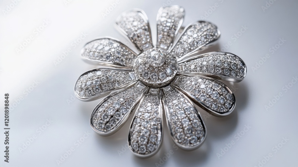 Obraz premium Elegant silver flower brooch adorned with sparkling crystals on a soft background.