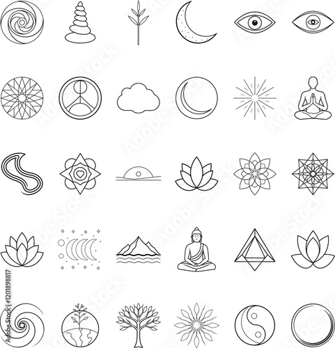 Spiritual Symbols Yoga, Meditation, Nature, and Enlightenment Icons