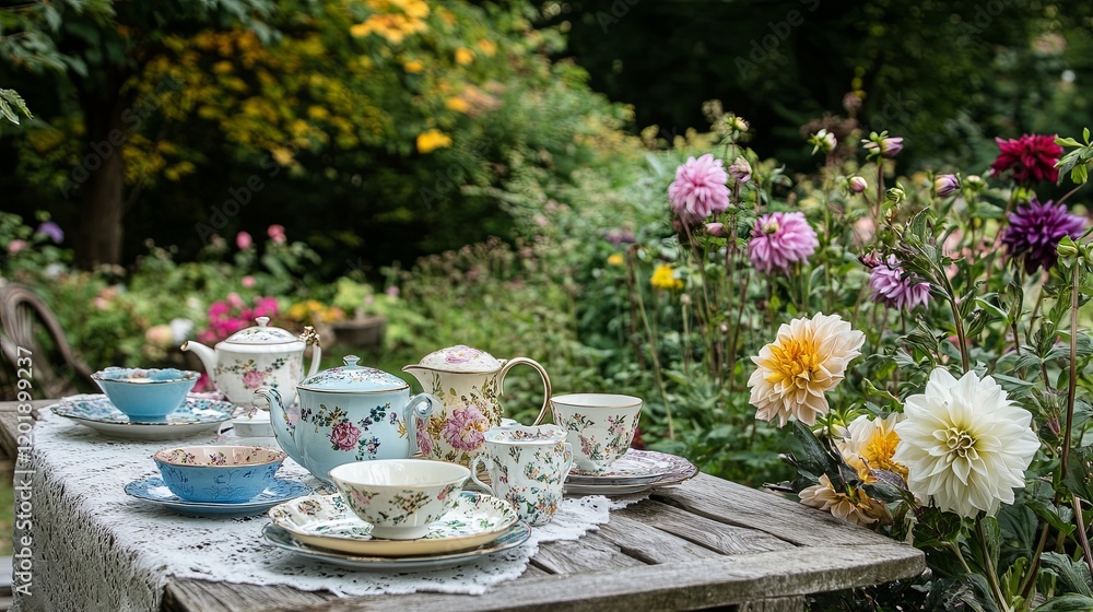 A cozy outdoor tea party in late summer with mismatched china and blooming dahlias A cozy outdoor tea party in late summer with mismatched china and blooming dahlias