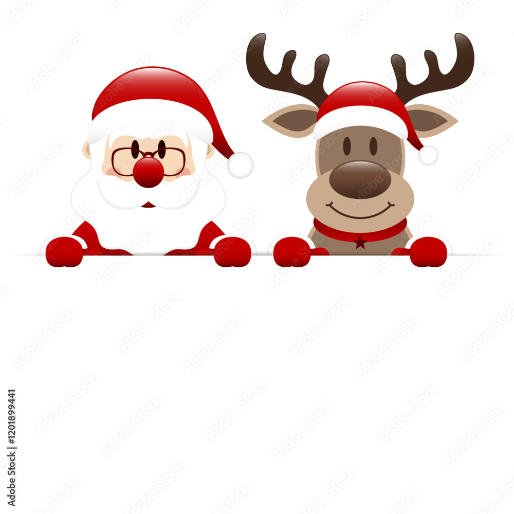 Weihnachtsmann Und Rentier Über Horizontalem Banner Dunkelrot Weihnachtsmann Und Rentier Über Horizontalem Banner Dunkelrot