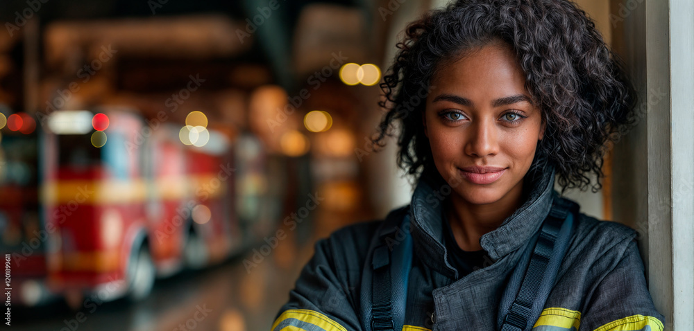 Portrait of a professional fire rescue worker in a modern fire station smiling and leaning against a wall Portrait of a professional fire rescue worker in a modern fire station smiling and leaning against a wall
