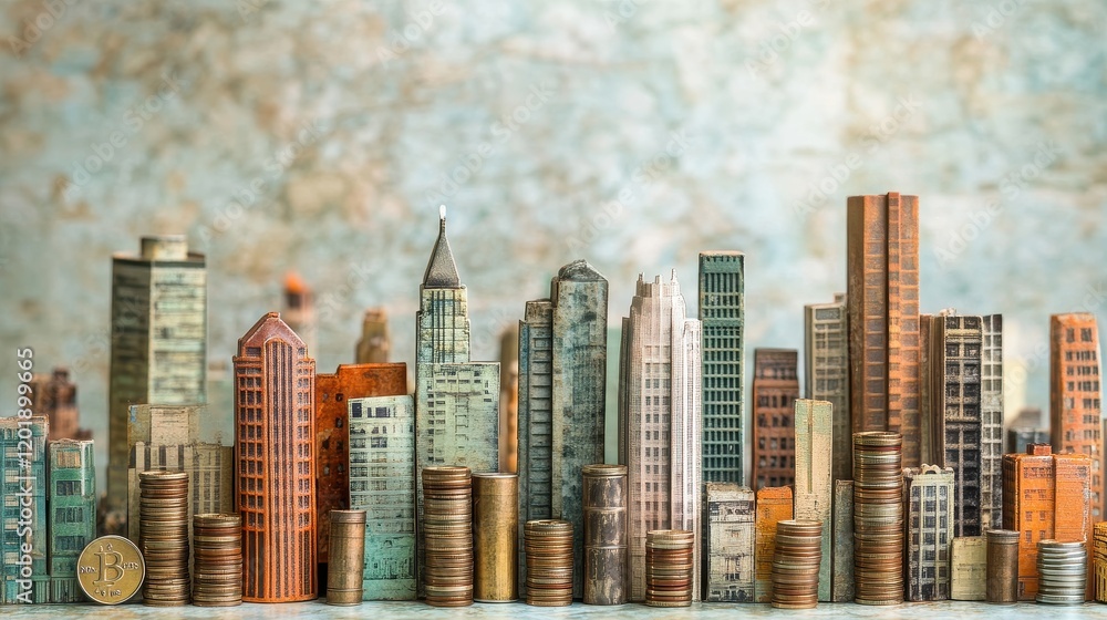 Obraz premium Tall buildings and coins are the same height