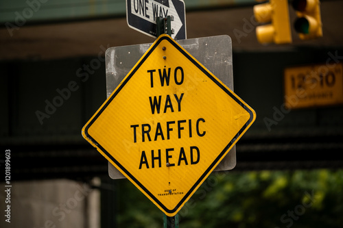 Yellow road sign indicating two-way traffic ahead in an urban area surrounded by buildings and traffic signals during the day photo