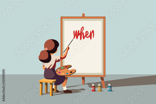 life change plan concept, man - woman paint white board canvas with red question word " when" , goal achievement , coaching life adventure,   