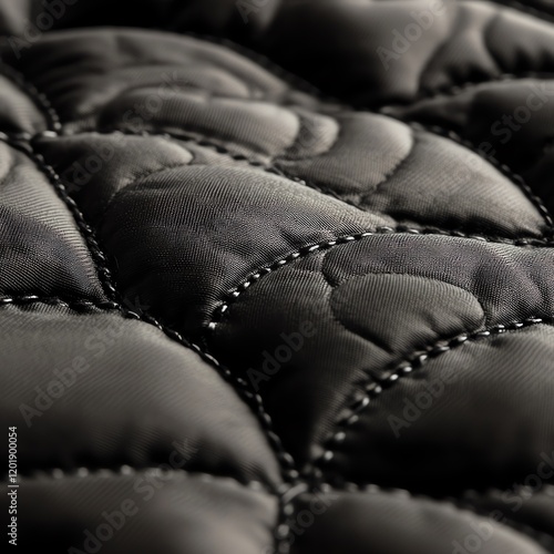 Close-up of black quilted fabric texture.  Detailed stitching and soft material. photo