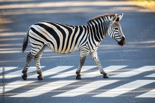 A striking zebra walks gracefully across a pedestrian crossing, showcasing its unique black and white stripes against the backdrop of an empty, serene street. photo