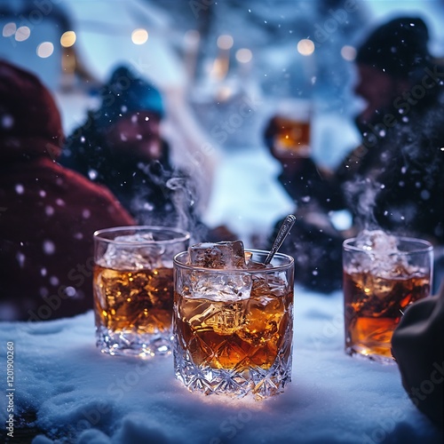 Whiskey Glasses With Ice on Snow Surrounded By People In The Background Under Soft Lights photo