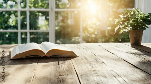 A beautifully lit rustic scene featuring an open book on a wooden table next to a wicker plant pot, basking in soft sunlight shining through large glass windows. photo