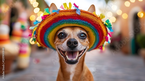 Costumed Dog Celebrating Lively Da de los Muertos Party in Colorful Town Square photo