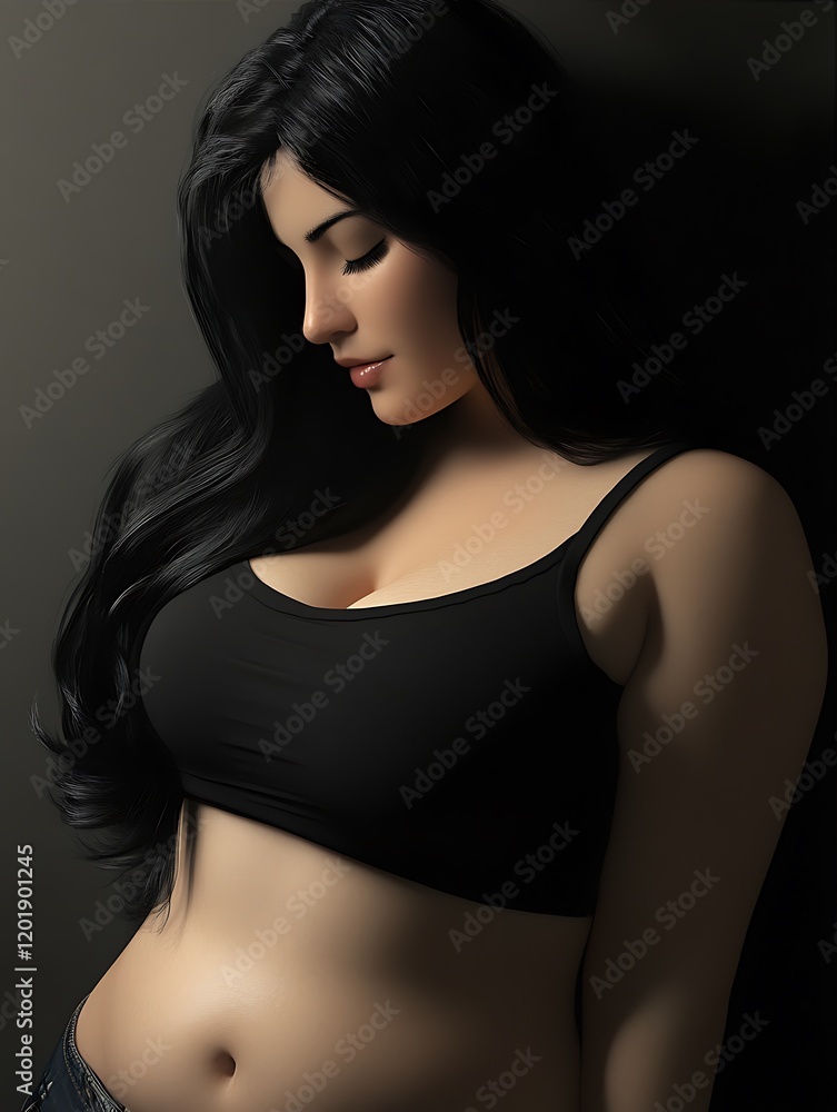 Woman With Long Black Hair Wearing A Black Top Looking Down With Dark Background Woman With Long Black Hair Wearing A Black Top Looking Down With Dark Background