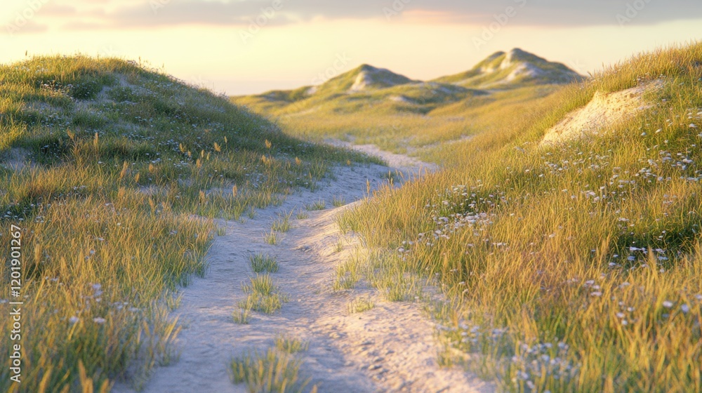 Serene Pathway in Lush Green Landscape Under Soft Sunset Light Serene Pathway in Lush Green Landscape Under Soft Sunset Light