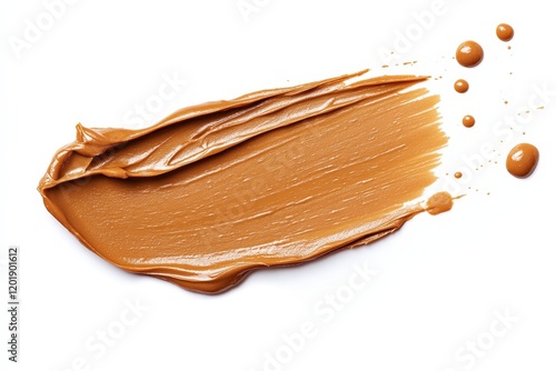 A creamy bronze paint smudge with droplets on a white background creates a visually engaging contrast, evoking artistic expression and creative flair in a stylish presentation.