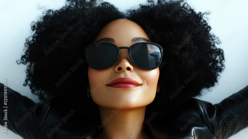 Confident Woman with Curly Hair and Sunglasses Posing Joyfully Confident Woman with Curly Hair and Sunglasses Posing Joyfully