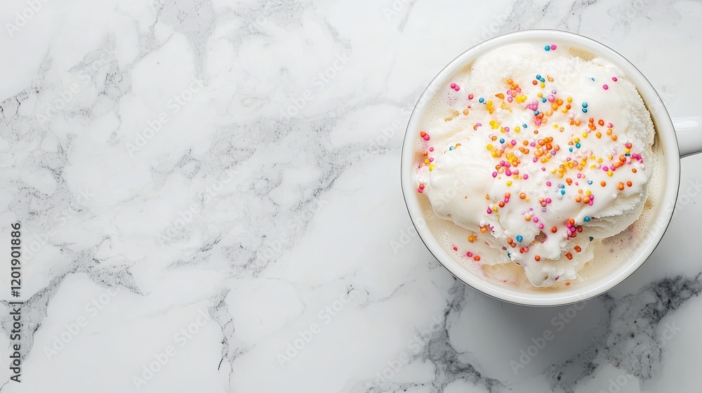 A cup of ice cream on a clean marble surface, with colorful sprinkles and room for text. A cup of ice cream on a clean marble surface, with colorful sprinkles and room for text.