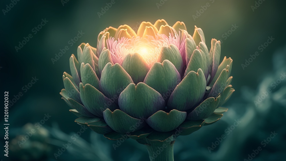 A close-up of an artichoke flower with a warm light illuminating its intricate details. A close-up of an artichoke flower with a warm light illuminating its intricate details.