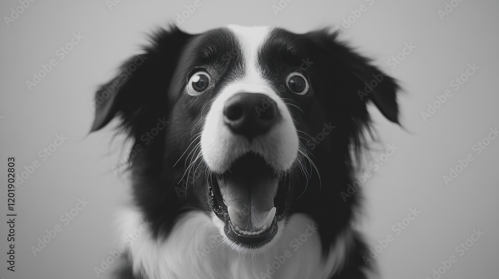 Happy Border Collie with Excited Expression in Black and White Happy Border Collie with Excited Expression in Black and White