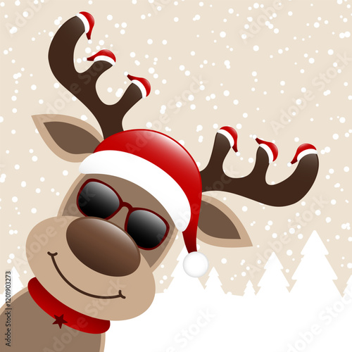 Rentier Sonnenbrille Sieben Mützen Winter Wald Schnee Hintergrund Beige Dunkelrot