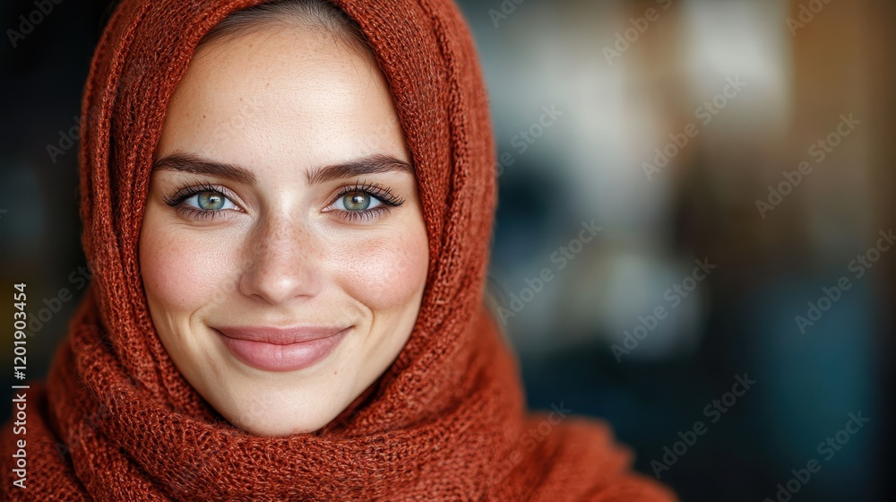 A woman with bright eyes and a broad smile is wearing an orange scarf. The background is out of focus, highlighting her expression and the vibrant hue of her scarf. A woman with bright eyes and a broad smile is wearing an orange scarf. The background is out of focus, highlighting her expression and the vibrant hue of her scarf.