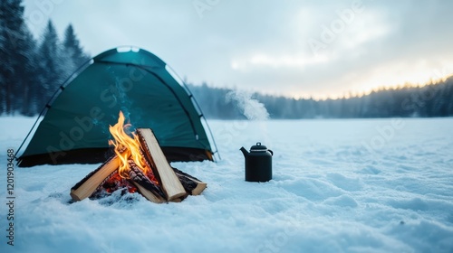 A tent pitched in a snow-covered field with a campfire burning nearby, and a steaming kettle, capturing the essence of winter wilderness camping adventure. photo