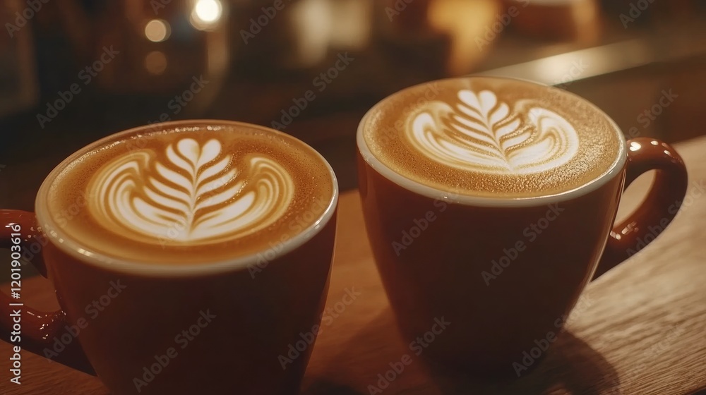 Two Cups of Beautiful Latte Art with Heart Designs on Cafe Table Two Cups of Beautiful Latte Art with Heart Designs on Cafe Table