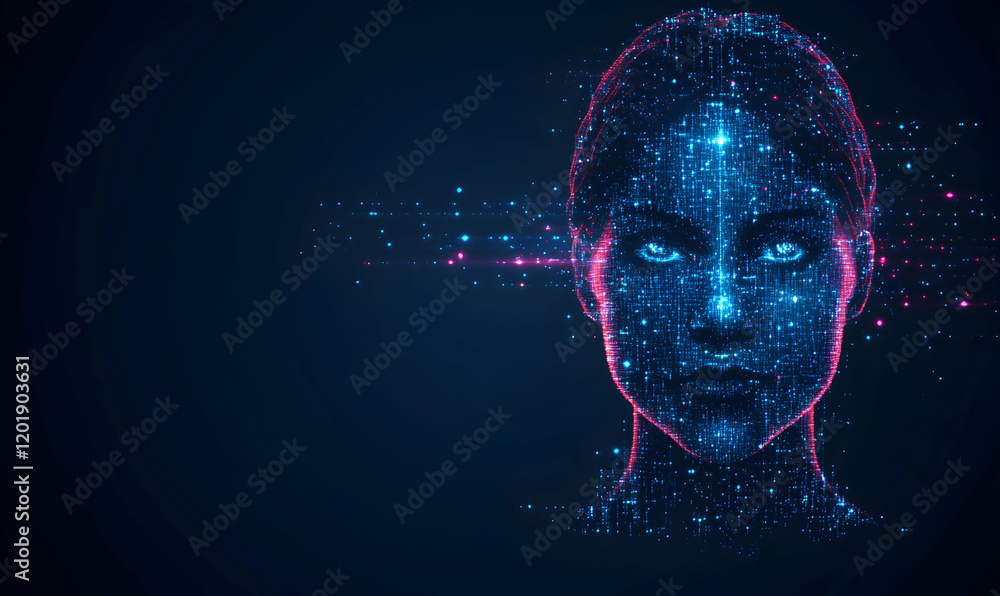 Abstract digital portrait of a woman, glowing particles forming a face, futuristic technology concept.