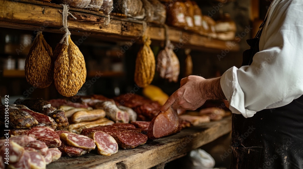 Butcher Selecting Cured Meats in Rustic Shop Butcher Selecting Cured Meats in Rustic Shop
