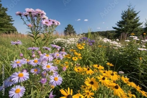 A beautiful garden filled with an assortment of wildflowers including asters daisies and black-eyed Susans under a clear blue sky, wildflower garden, colorful flowers, floral arrangement photo