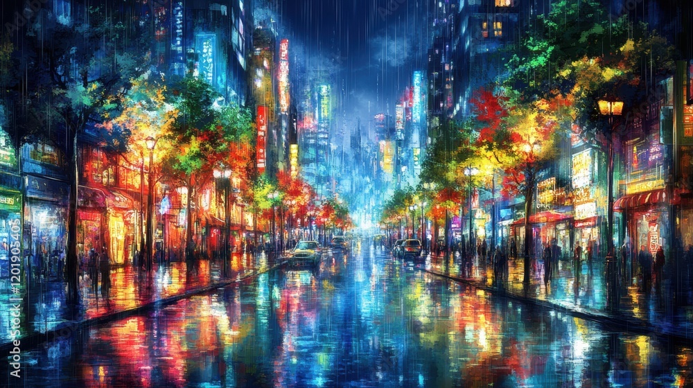Vibrant Night Cityscape with Reflections and Colorful Lights Vibrant Night Cityscape with Reflections and Colorful Lights