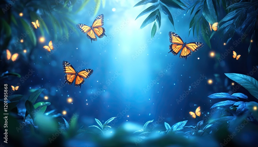 Enchanting Night Butterflies in a Lush Forest Setting Enchanting Night Butterflies in a Lush Forest Setting