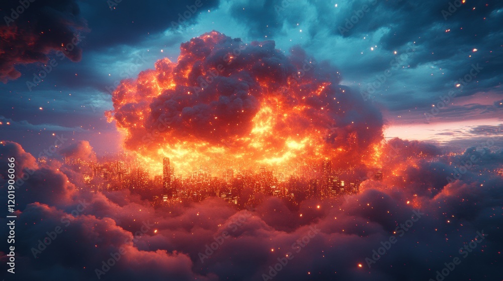 Dramatic Explosion Over Urban Skyline in Colorful Clouds at Dusk Dramatic Explosion Over Urban Skyline in Colorful Clouds at Dusk