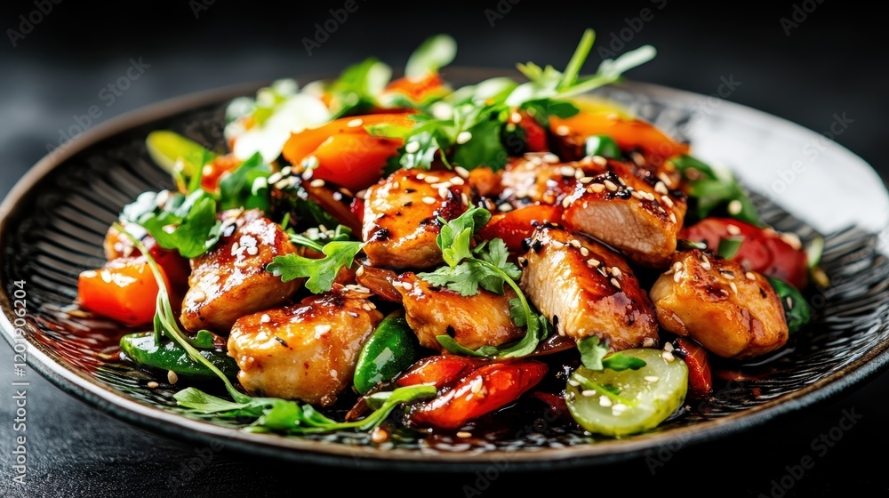A savory dish of succulent stir-fried chicken with vibrant vegetables and fresh herbs, sprinkled with sesame seeds, offering a feast of colors and flavors. A savory dish of succulent stir-fried chicken with vibrant vegetables and fresh herbs, sprinkled with sesame seeds, offering a feast of colors and flavors.