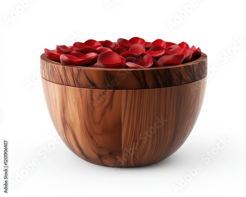 Elegant wooden bowl filled with vibrant red rose petals, perfect for home decor. photo