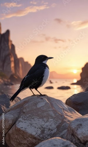 A black back with white underside bird perched on a rocky outcrop at sunset, sunset, ocean, puffin