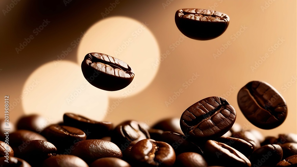 Closeup roasted coffee beans falling on heap against brown background. Closeup roasted coffee beans falling on heap against brown background.