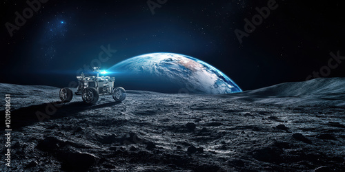 A futuristic lunar rover explores the moon's surface, illuminated by a blue light, with Earth prominently visible in the background, showcasing humanity's quest for space exploration.
