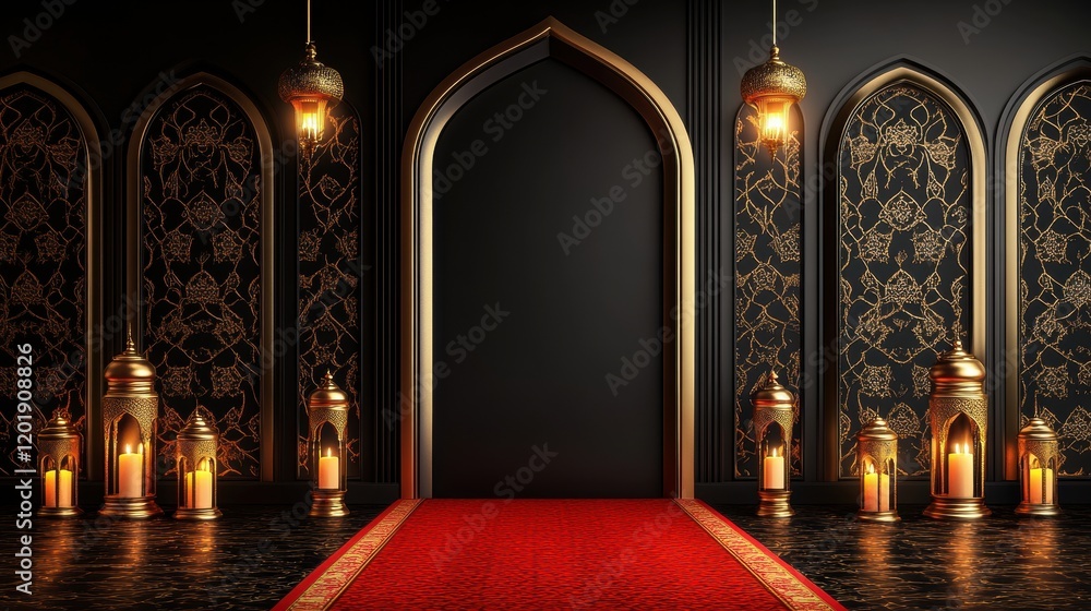 Obraz premium Elegant Entrance with Red Carpet and Golden Lanterns in Dark Room