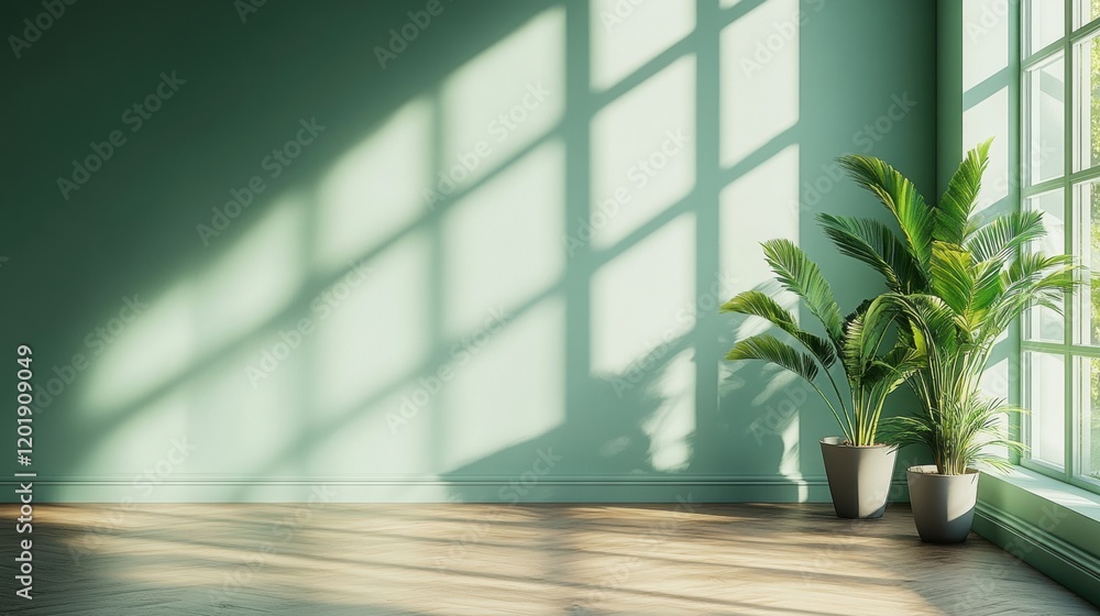 Bright Minimalist Room with Natural Light and Greenery in Pots Bright Minimalist Room with Natural Light and Greenery in Pots