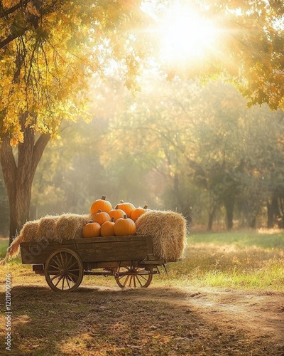 A serene shot of a wooden cart loaded with hay bales and pumpkins in a sunlit field photo