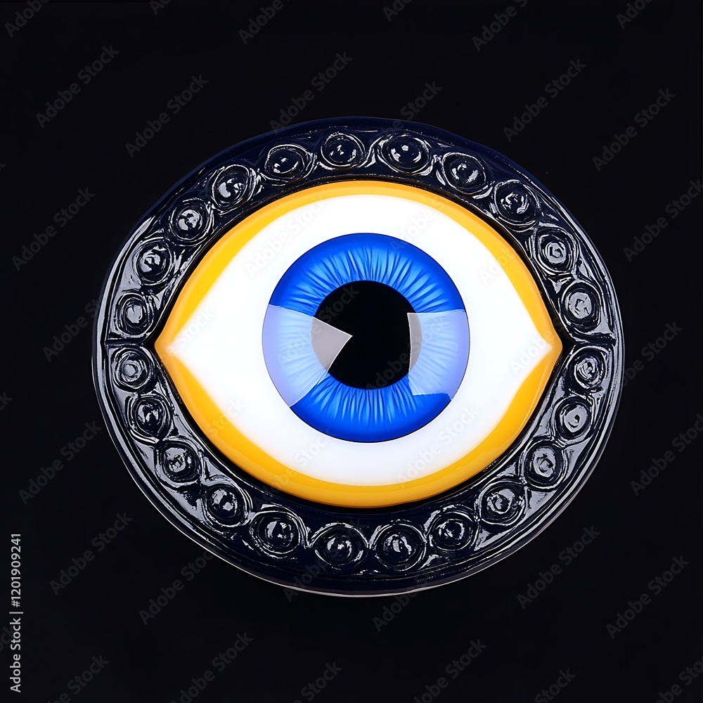 Detailed Eye Amulet with Intricate Ornate Border and Bright Blue Iris on a Dark Background Detailed Eye Amulet with Intricate Ornate Border and Bright Blue Iris on a Dark Background