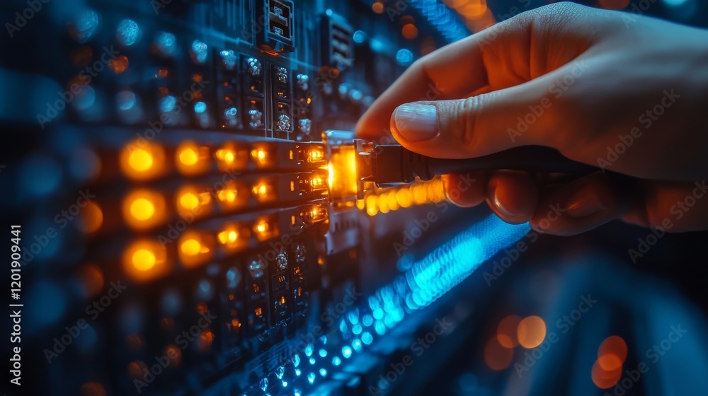 Fototapeta premium A Hand Plugging a Network Cable into a Server Rack with Glowing Orange and Blue Lights Illuminating the Connectivity and Data Transfer Process