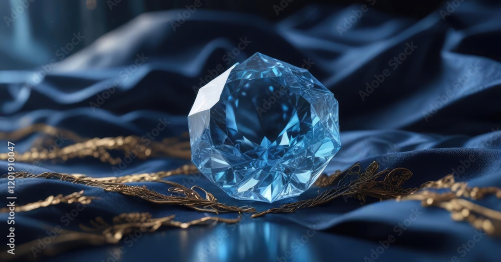 A delicate blue crystal nestled on a rich velvety fabric, Velvet fabric, Glittering jewel