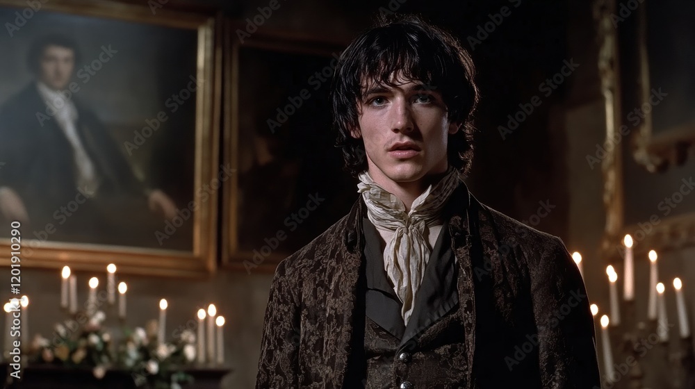 Young Man in Elegant Attire Surrounded by Candles and Portraits Young Man in Elegant Attire Surrounded by Candles and Portraits