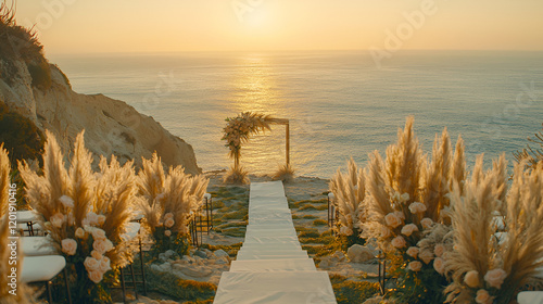 Romantic oceanside wedding ceremony setup at sunset.  Aisle lined with pampas grass and flowers leads to a wooden arch. photo