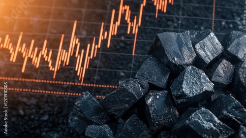 A close-up of coal pieces with a dynamic stock market graph in the background, symbolizing the connection between natural resources and financial trends.