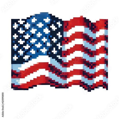 Pixel art of the American flag waving proudly, on a white background