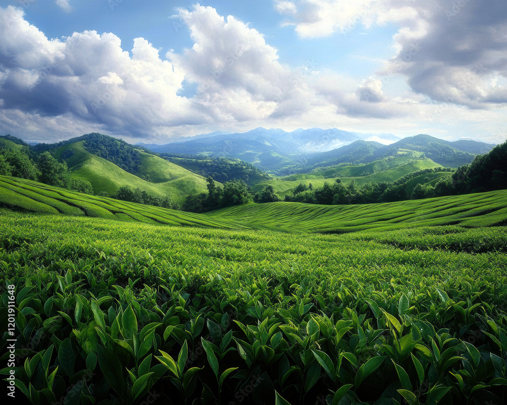 A breathtaking panorama showcasing symmetrical tea fields rolling across lush hills, framed by majestic mountains and a cloudy blue sky—a perfect blend of nature's tranquility and vibrant greenery. A breathtaking panorama showcasing symmetrical tea fields rolling across lush hills, framed by majestic mountains and a cloudy blue sky—a perfect blend of nature's tranquility and vibrant greenery.