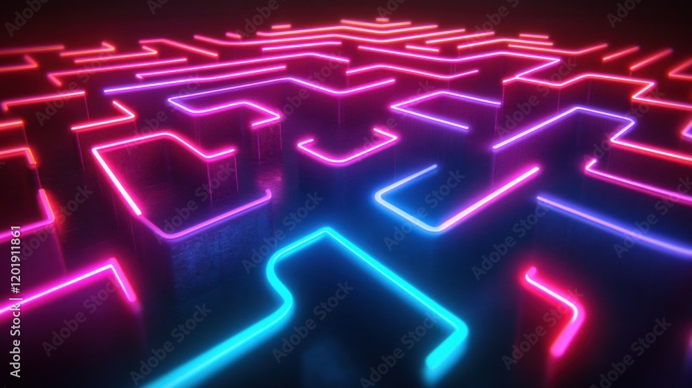 Abstract Neon Maze with Glowing Lights in Dark Environment Abstract Neon Maze with Glowing Lights in Dark Environment