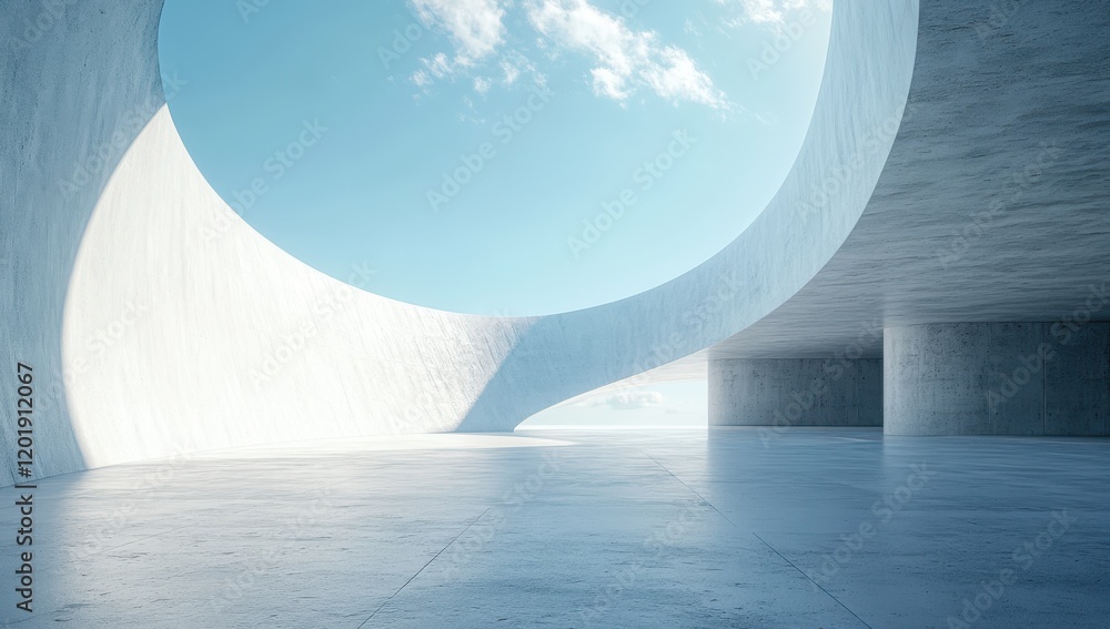 Modern architectural space featuring smooth curved walls, expansive sky view, and minimalistic design elements, emphasizing light, shadow, and openness in a serene environment. Modern architectural space featuring smooth curved walls, expansive sky view, and minimalistic design elements, emphasizing light, shadow, and openness in a serene environment.
