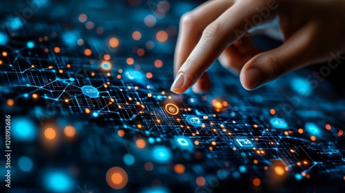 Futuristic Startup Concept: Hand Interacting with Tablet Interface, Animated Business Icons and Connections