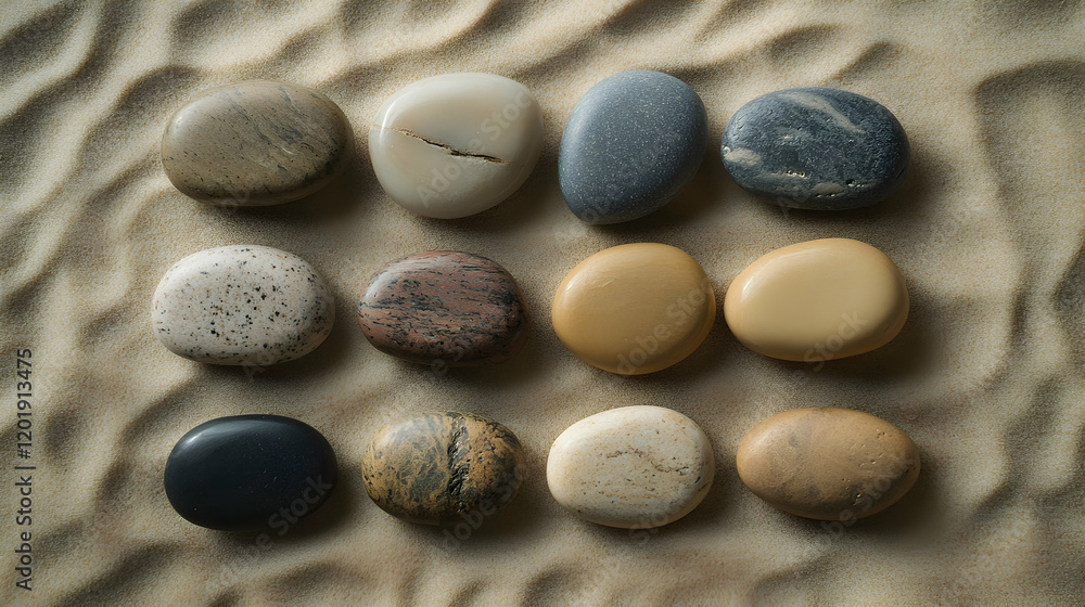 A minimalist flat lay of smooth river stones arranged symmetrically on a textured sand surface, with soft natural light enhancing the calming scene A minimalist flat lay of smooth river stones arranged symmetrically on a textured sand surface, with soft natural light enhancing the calming scene